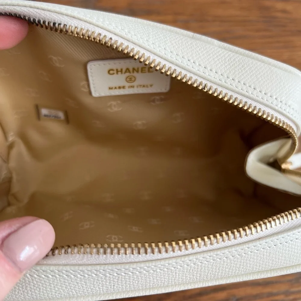 CHANEL Pouch Cosmetic Bag Purse Coco Button Leather Ivory Authentic.